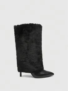 CUCCOO SZL Women Shoes Fashion Black Cool Fur Boots Black Trouser Boots Street Fried Pointed Loose High Heel Boots Commuting Date Party Fashion Events Halloween Witch Fall - Black - View 4