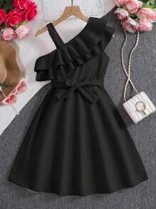 SHEIN Tween Girl Ruffled Asymmetrical Neck Vacation Dress - Black - View 1