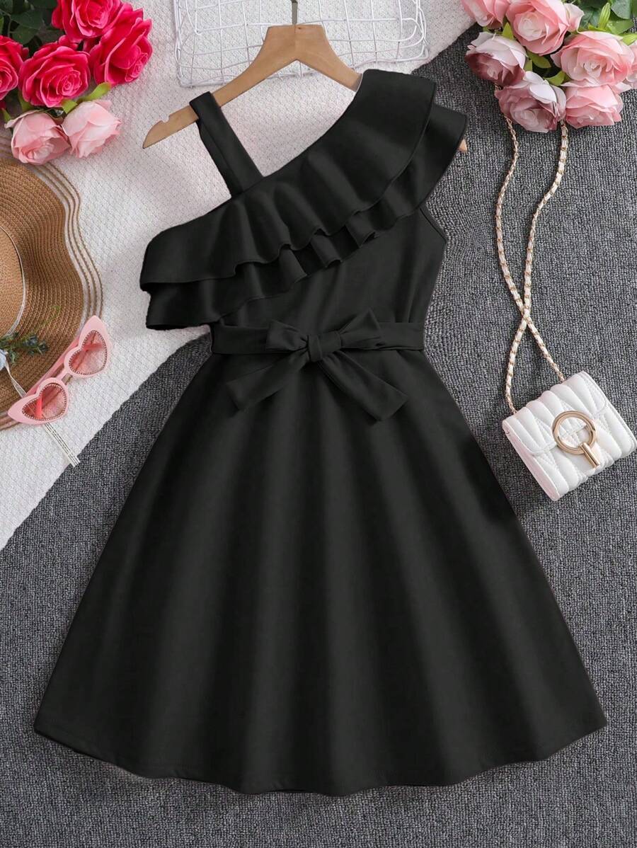 SHEIN Tween Girl Ruffled Asymmetrical Neck Vacation Dress - Black - View 1