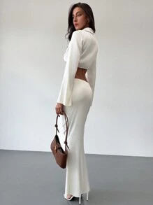 Aloruh 2pcs/Set Women White Cady Crop Top With Metal Trim & Extra Long Flared Skirt With Metal Decor - White - View 2