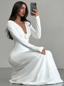 Aloruh 1 Máy Tính Lãng Mạn Ngày Đêm Ôm Body Cổ Chữ V Sâu Tay Dài Họa Tiết Hoa Xù Viền Váy Trắng Dành Cho Nữ - trắng - Xem 2