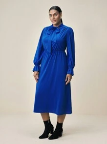 BizChic Plus Size Women's Solid Color Elegant Tie Front Bowknot Midi Dress For Spring And Summer - Blue - View 3