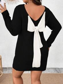 SHEIN Clasi Plus Size Spring Autumn Casual Color Block Bow Tie Long Sleeve Sweater Dress, For Winter - Multicolor - View 2