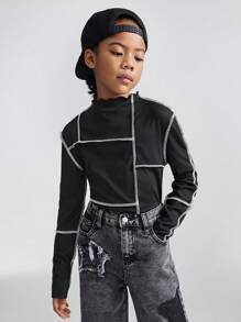 SHEIN Tween 女童秋冬日常穿着撞色滚边修身圆领黑色带袖上衣 - 黑色 - 查看 7