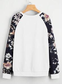 SHEIN LUNE 女士休闲圆领长袖时尚印花拼布运动衫 - 白色 - 查看 2