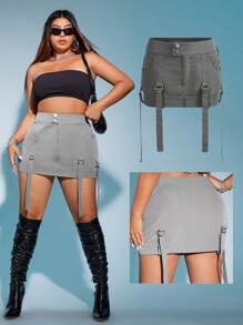 SHEIN ICON Talla grande Falda con diseño de hebilla con bolsillo con solapa - Gris - Ver 6