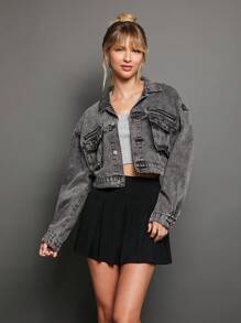 WESTFADE Premium Cotton Denim Cropped Casual Fall Cargo Jacket - Black - View 4