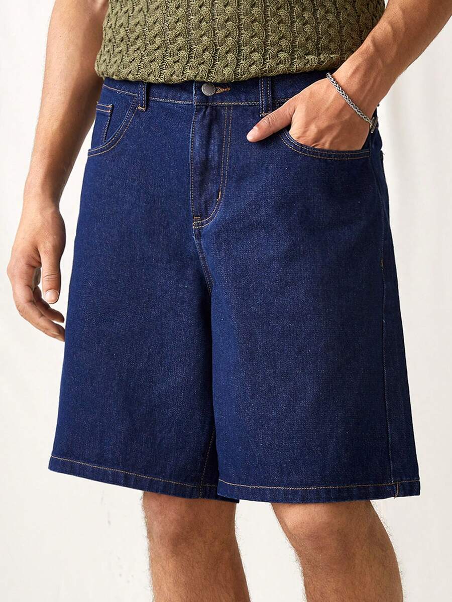 Manfinity Hypemode 男士深蓝色宽松牛仔短裤、牛仔短裤 - 深色水洗藍 - 查看 1