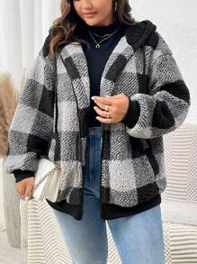SHEIN LUNE 冬季大码休闲格子羊毛连帽大衣 - 彩色 - 查看 1