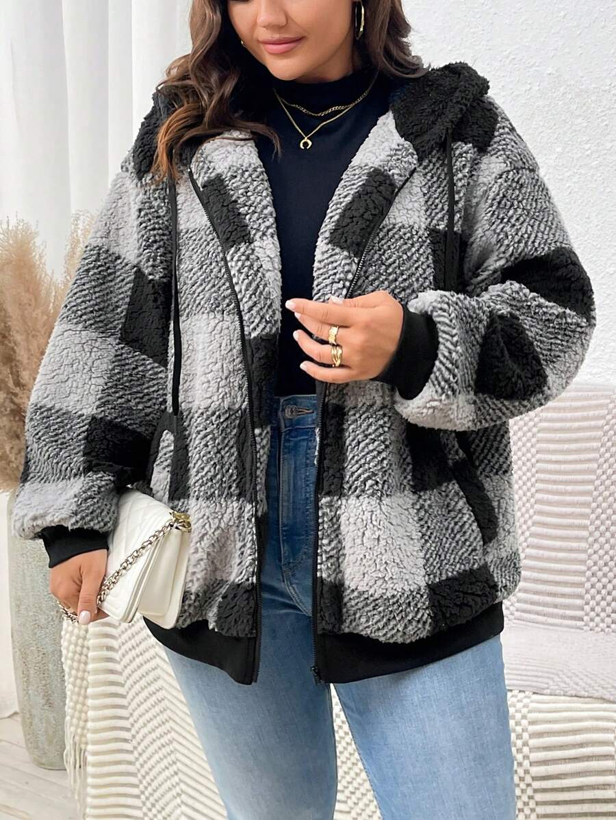 SHEIN LUNE 冬季大码休闲格子羊毛连帽大衣 - 彩色 - 查看 1