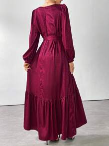 Al Najma Burgundy Red Women's Elegant Arabian Dress With Crew Neck, Lantern Sleeves And Ruffle Hem Modest Long Sleeve Elegant Style For Casual Daily/Work/Holiday/Evening Parties/Wedding Guest Arabian Dress - Burgundy - View 7