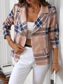 SHEIN Clasi 2024 New Single-Breasted Plaid Print Lady Office Blazer - Pink - View 4