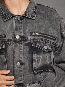 WESTFADE Premium Cotton Denim Cropped Casual Fall Cargo Jacket - Black - View 9