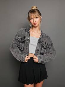 WESTFADE Premium Cotton Denim Cropped Casual Fall Cargo Jacket - Black - View 12