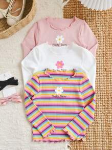 SHEIN Young Girl  3pcs /Sets  Basic  Knitted Solid Color Round Neck Flower And Letter Pattern Casual Long Sleeve  Lettuce Trim T-Shirt - Multicolor - View 2