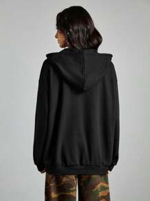 SUPERMAN X ROMWE Women Letter And Logo Print Zip-Up Drawstring Hooded Loose Long Sweatshirt, Spring & Autumn - Black - View 2