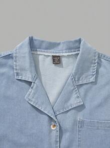 SHEIN 青少年男孩休闲/基本款/学院风春夏秋季浅色水洗工装领牛仔衬衫和松紧腰牛仔裤两件套 - 中等水洗藍 - 查看 4