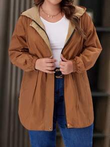 EMERY ROSE Plus Size Women's Hooded Long Sleeve Ruched Fashion Button Zip Reversible Brown Trench Coat With Pockets - Burnt Orange - View 7
