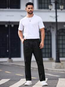 Manfinity VCAY Men Slim-Fit Woven Casual Straight-Leg Ankle Length Black Suit Pants, Suitable For Spring & Summer