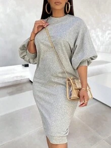 女士纯色圆领优雅泡泡袖紧身连衣裙 - 灰色 - 查看 1