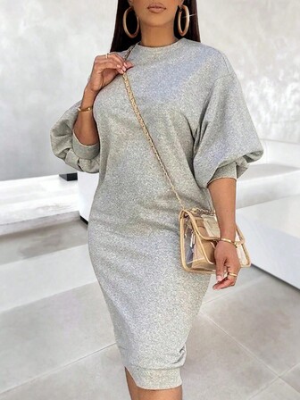 Damer i enfärgad rund halsad elegant puffärmad Bodycon-klänning