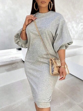 Women's Solid Color Round Neck Elegant Puff Sleeve Bodycon Dress