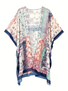 INAWLY Women Floral Print Batwing Sleeve Open Front Loose Long Blouse For Vacation - Multicolor - View 4