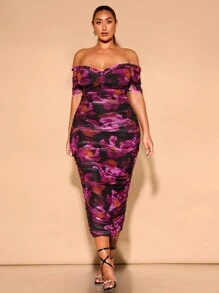 SHEIN BAE 大码女式网眼花卉印花夏季优雅弹力网眼单肩褶皱中长连衣裙 - 彩色 - 查看 6