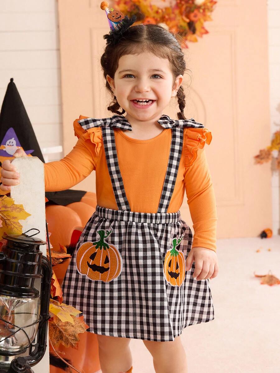 SHEIN Baby Mädchen Kürbis Karomuster Träger Kleid Outfit, geeignet für Halloween Party