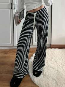 SHEIN CovetEZ Women Black & White Stripe Knit Wide Leg Pants - Black and White - View 1