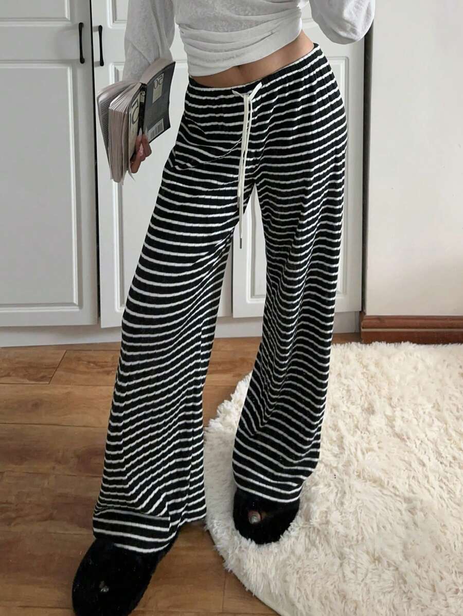 SHEIN CovetEZ Women Black & White Stripe Knit Wide Leg Pants - Black and White - View 1