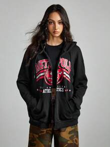 SUPERMAN X ROMWE Women Letter And Logo Print Zip-Up Drawstring Hooded Loose Long Sweatshirt, Spring & Autumn - Black - View 5