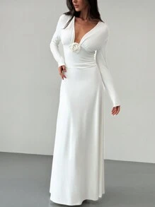 Aloruh 1 Máy Tính Lãng Mạn Ngày Đêm Ôm Body Cổ Chữ V Sâu Tay Dài Họa Tiết Hoa Xù Viền Váy Trắng Dành Cho Nữ - trắng - Xem 5