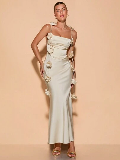 SHEIN BAE Women's Floral Spaghetti Strap Backless Dress Cocktail Party Wedding Evening Gown