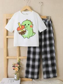 SHEIN Leap Crew Tween Girl Cartoon Graphic Tee & Plaid Trousers - Multicolor - View 1