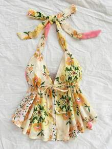 Soleia 女士浪漫花卉印花露背系带蝴蝶结不对称下摆装饰吊带背心，适合夏季茶会、毕业季
