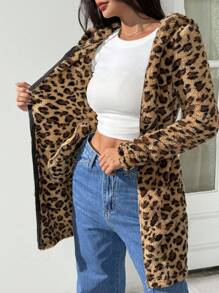 SHEIN EZwear Abrigo con capucha con cremallera y estampado de leopardo de franela para otoño/invierno - Marrón - Ver 7