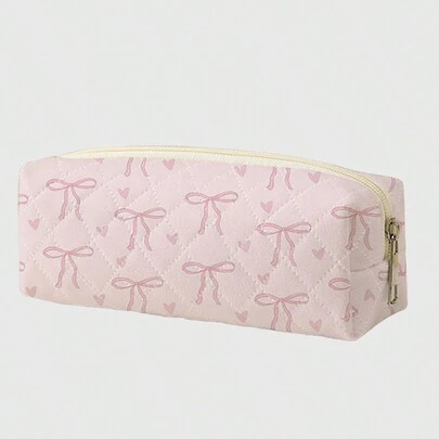 ROMWE Kawaii 心形与蝴蝶结印花格纹铅笔袋、化妆包、拉链袋