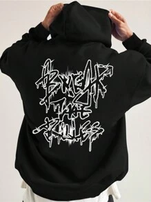 RueChic Men Slogan Graphic Kangaroo Pocket Drawstring Hoodie - Black - View 1