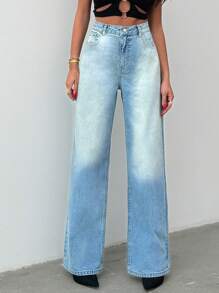 SHEIN Cottnline QUẦN JEAN CAO CẤP CHÂN RỘNG MÀU XANH DƯƠNG NHẠT 100% COTTON - Rửa nhẹ - Xem 7