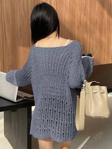 DAZY Áo len cổ tròn dáng rộng màu trơn cho nữ - Xám - Xem 2