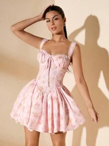 SHEIN BAE Women's Elegant Simple Solid Black Short Sleeve Fitted Zip-Up Pleated Dress, Summer,Pastel Dresses For Women,Valentine's Day,Valentine Outfits For Women - Multicolor - View 4