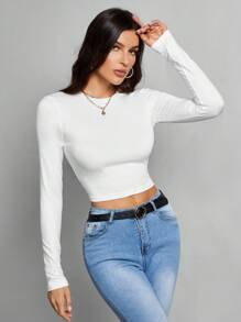 SHEIN Tall 3 件套休闲简约圆领长袖紧身短款女式 T 恤 - 黑與白 - 查看 4