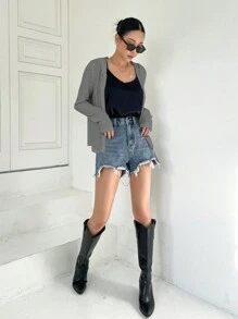 DAZY 春夏休闲纯色抽绳连帽短款卫衣 - 灰色 - 查看 3