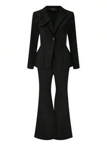 SHEIN Clasi Plus Size Nữ Mùa Xuân, Mùa Thu Chắc Chắn Áo Blazer Tay Dài Và Vòng Bít Loe Bộ Đồ Công Sở Thanh Lịch - màu đen - Xem 3