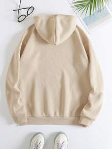 Letter Graphic Kangaroo Pocket Drawstring Thermal Lined Hoodie - Apricot - View 2