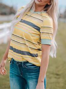 CILKOO 女士休闲撞色条纹圆领T恤，春夏款 - 黃色 - 查看 6