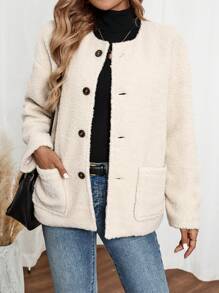 EMERY ROSE Women's Loose Fit Dropped Shoulder Long Sleeve Pockets Fleece Jacket, Autumn/Winter - Apricot - View 6