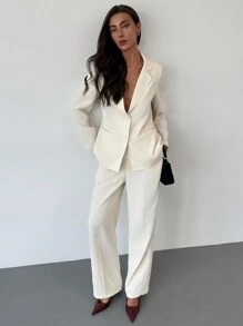Aloruh Bộ 2 món đồ vest đi làm màu đơn giản màu mơ trơn mới - Màu be - Xem 7