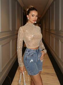 SHEIN BAE 女式立领长袖亮片装饰修身优雅衬衫 - 卡其色 - 查看 5